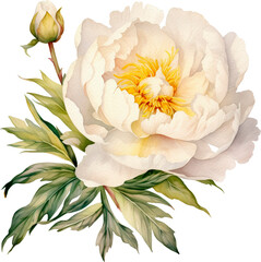 Watercolor illustration of a white peonies with leaves floral element 