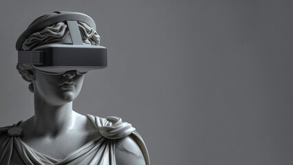 Antique marble sculpture with VR headset. Statue wearing virtual reality goggles. Metaverse world...