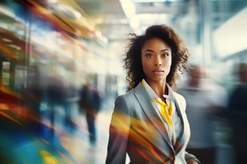 Foto op Plexiglas African american businesswoman hurrying up and running in the office corridor during rush hour with motion blur. © FutureStock