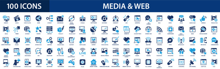 Media and web flat icons set. Website, content, link, hosting, e-commerce, message, social media icons and more signs. Flat icon collection.