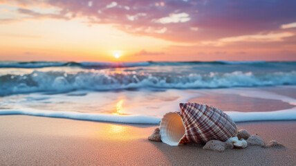 Obraz premium conch shells in beach shore at sunset