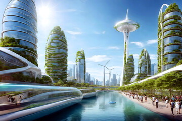 Eco friendly sustainable green city of the future, futuristic cityscape, concept based on green energy, eco industry, environmental technology, Scyscrapers with vertical gardens, clean water channels. - obrazy, fototapety, plakaty