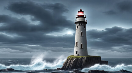 Haunted lighthouse on rocky coast, stormy skies, crashing waves, ghostly light from tower.