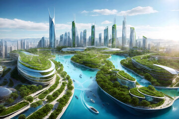 Eco friendly sustainable green city of the future, futuristic cityscape, concept based on green energy, eco industry, environmental technology, Scyscrapers with vertical gardens, clean water channels. - obrazy, fototapety, plakaty