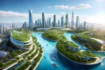 Foto op Plexiglas Eco friendly sustainable green city of the future, futuristic cityscape, concept based on green energy, eco industry, environmental technology, Scyscrapers with vertical gardens, clean water channels. © Neitiry