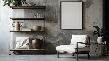 A mockup poster blank frame hanging on an industrial shelving unit, above a comfortable armchair, meditation room, Scandinavian style interior design