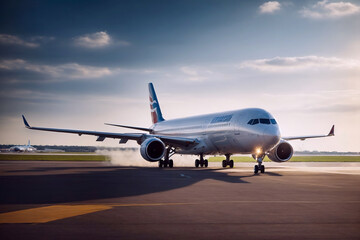 Fototapeta na wymiar Passenger jet or cargo airplane taking off, landing at the airport. Traveling, air transportation.