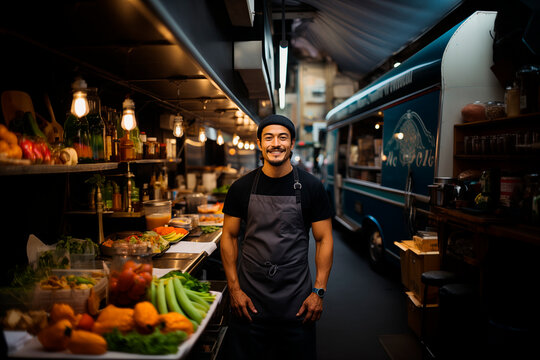 Smiling chef in a food truck at a bustling market Generative AI image