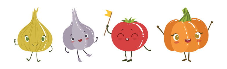 Ripe Funny Vegetable Character with Smiling Face Vector Set