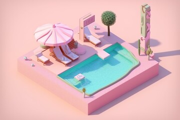 Isometric terrace with icecream shaped pool pink color pink background pink world AI Generated 