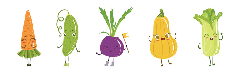 Ripe Funny Vegetable Character with Smiling Face Vector Set