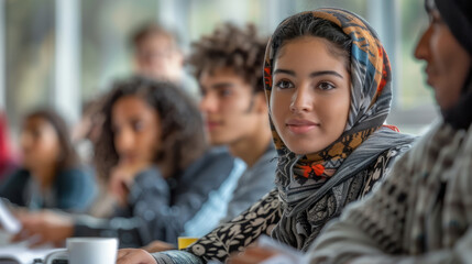 Fototapeta premium Students actively participating in a class discussion eager to learn