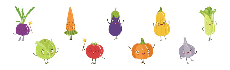 Ripe Funny Vegetable Character with Smiling Face Vector Set