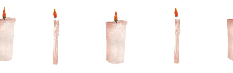 Bright watercolor candles seamless border for a cards or websites.Border on white backround.