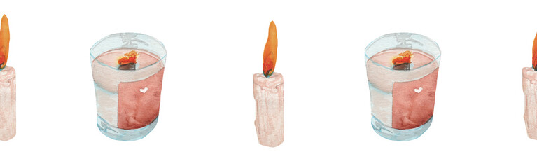 Bright watercolor candles seamless border for a cards or websites.Border on white backround.