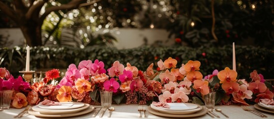 Elegant floral arrangement on a wooden table surrounded by colorful flowers and greenery