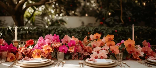 Fotobehang Elegant floral arrangement on a wooden table surrounded by colorful flowers and greenery © AkuAku