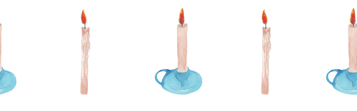 Bright watercolor candles seamless border for a cards or websites.Border on white backround.