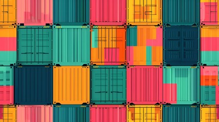 Seamless pattern of colorful shipping cargo containers stack in rows, Transport business. Global logistics import and export concept