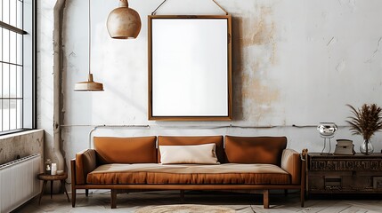 A mockup poster blank frame hanging on an antique shelving unit, above a contemporary couch, studio apartment, Scandinavian style interior design
