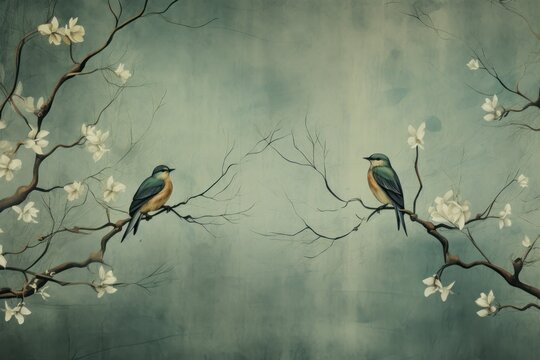 Vintage photo wallpaper with branches and birds on green background