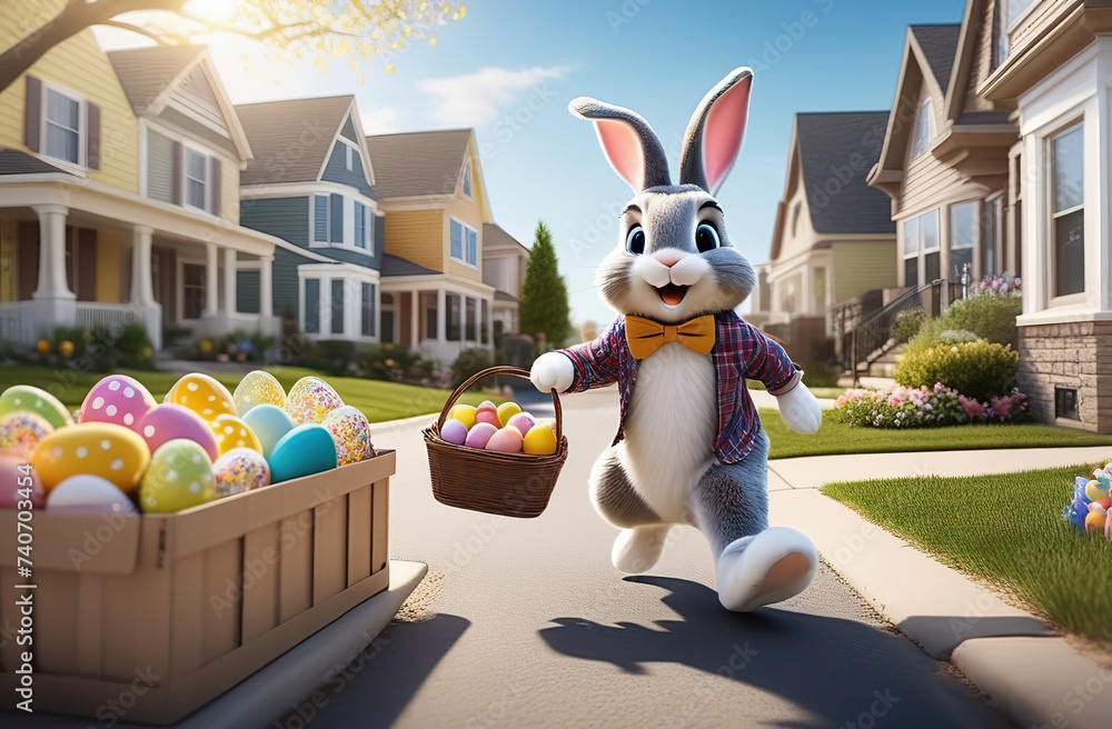 Wall mural Bunny Delivery: A photo of the Easter Bunny hopping through a neighborhood, delivering baskets filled with treats and goodies to excited children, capturing the joy and magic of Easter morning