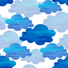 Seamless background with blue clouds on white. Watercolor collage.