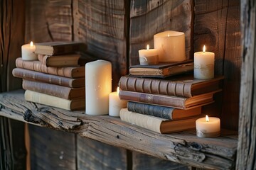 stacks of old books with candles on a wooden shelf background, world book day, copy space - generative ai