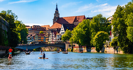 Neckar panorama in Tuebingen, a traditional university town in southern Germany on a sunny summer...