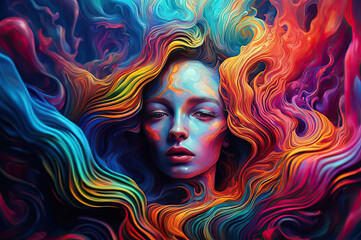 Portrait of a girl in psychedelic style with patterns of rainbow colors, colorful liquid background. Fantasy.