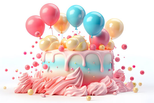 Birthday cake with balloons and ribbons 3d render on white background. 