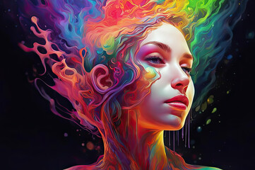 Portrait of a girl in psychedelic style with patterns of rainbow colors, colorful liquid background. Fantasy.