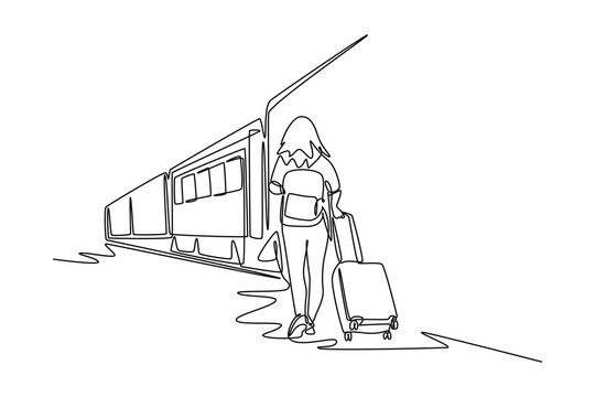 Single One Line Drawing Of Woman Go Traveling By Train. All About Station And Train Activity. Simple Line, Train Activity.