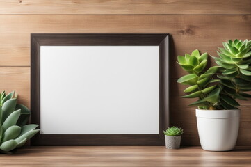 Minimalist Setup with Blank Poster Frame and Green Succulents