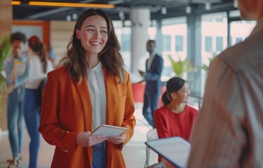 Obraz premium Group of business people working together on modern office. colleagues gather in office discuss business. business people meeting. 