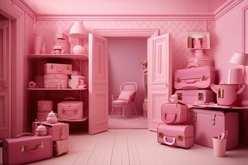 A room with a lot of pink items including a suitcase and a shelf with a mirror pink Background 3d 