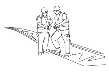 single one line drawing of rail workers cordinating. all about station and train activity. Simple line, train activity.
