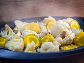 vegetables cauliflower carrots, steamed healthy food, vegan lifestyle