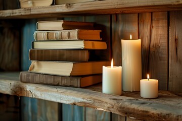 Obraz na płótnie Canvas stacks of old books with candles on a wooden shelf background, world book day, copy space - generative ai