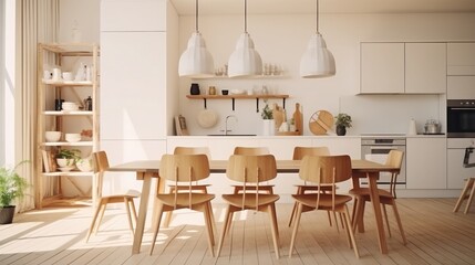 An eat-in kitchen interior design in modern scandinavian style with big wooden table and chairs against light wood floor, bright white walls and furnitures with TV, appliances and hanging light bulbs