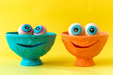 Obraz premium Two colorful funny clay bowls with eyes
