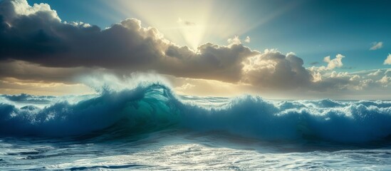 Giant majestic wave crashing in the deep blue ocean under clear sky - Powered by Adobe