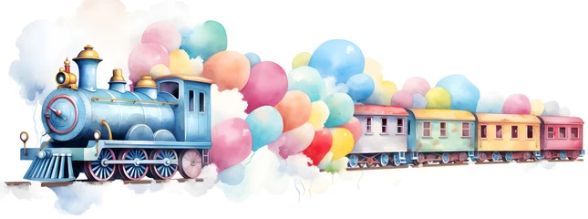 Foto op Plexiglas Watercolor train with party balloons kid illustration © Oksana