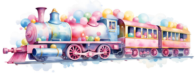 Watercolor train with party balloons kid illustration