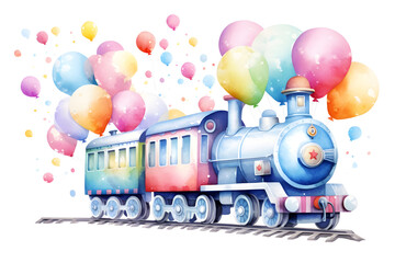 Watercolor train with party balloons kid illustration