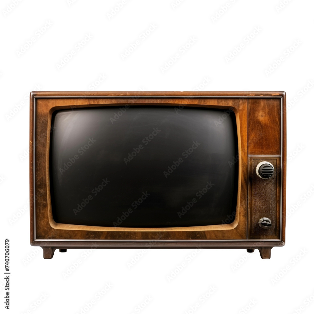 Poster old wooden tv with static screen isolated on transparent background