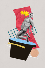 Photo vertical collage young jumping cool guy sunglass clubber falling bucket water yellow daisy...