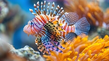 Lionfish elegantly swimming among colorful corals in a captivating saltwater aquarium environment.