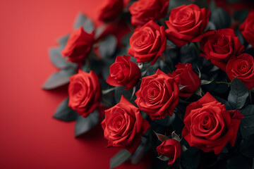 Bouquet of red roses on deep red background