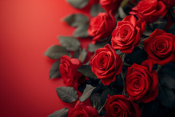 Bunch of red roses against a deep red background